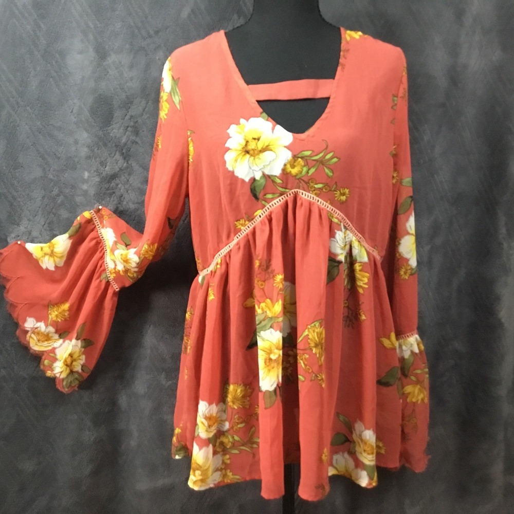 Boho Babydoll Floral Pheasant V-neck Top M Fairy Romantic Sheer XS Whimsy Coral